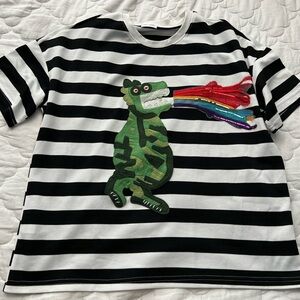 Saint Laurent Black and White Short Sleeve Tee with Stripes size Small